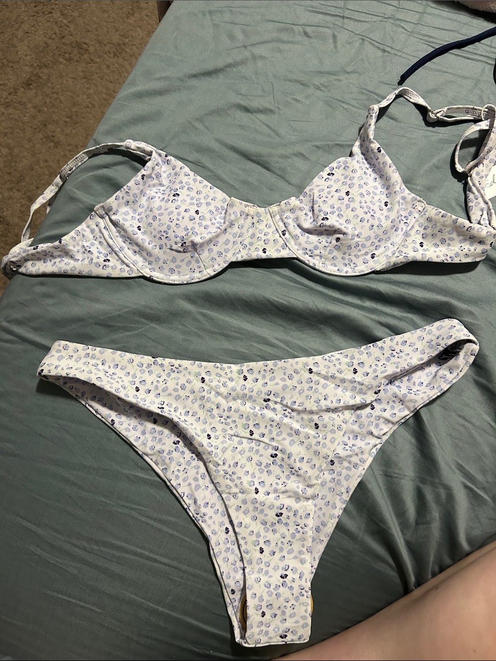 Underwire Two-Piece Bikini in White with Light Blue Print